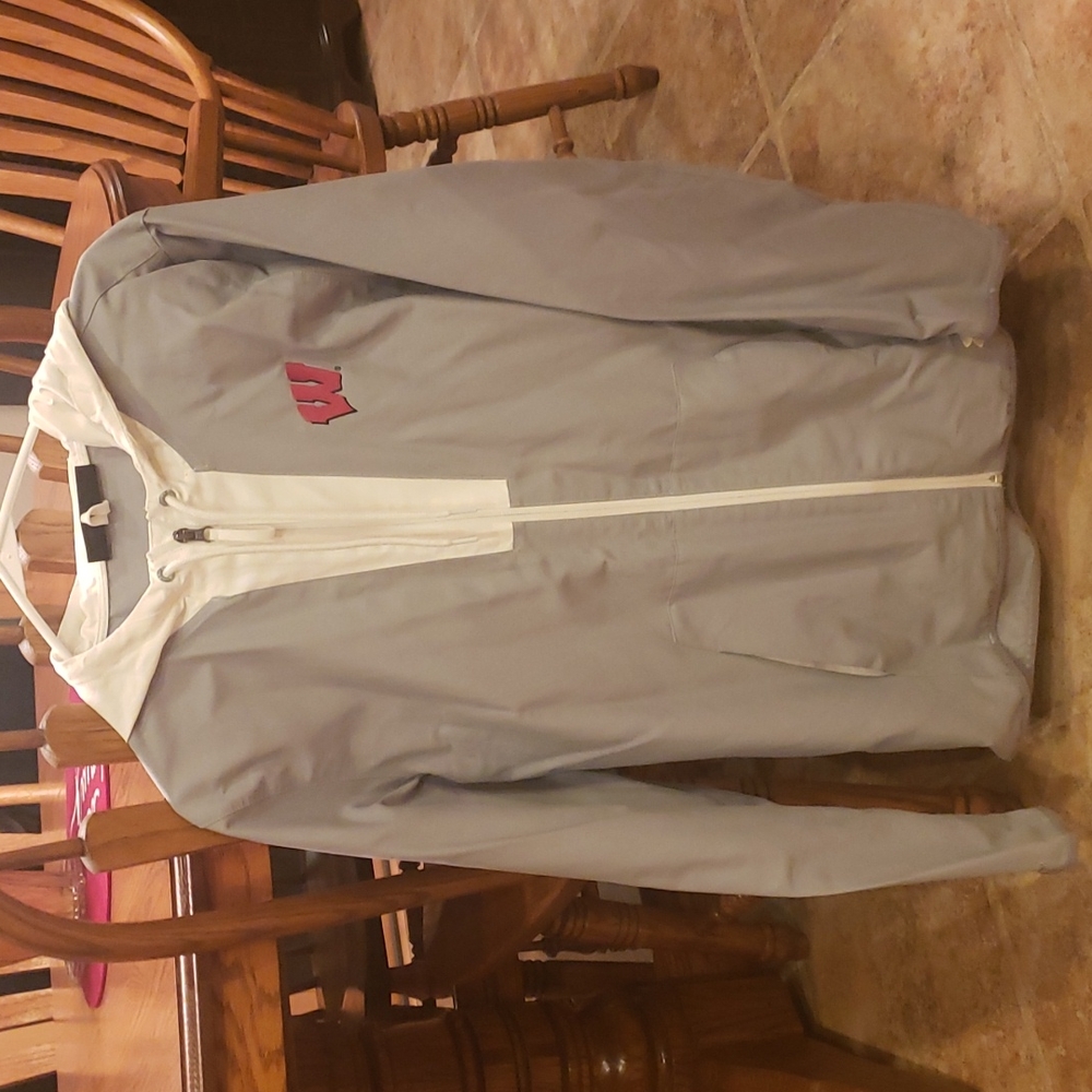 Grey and white Wisconsin Badger hooded light coat